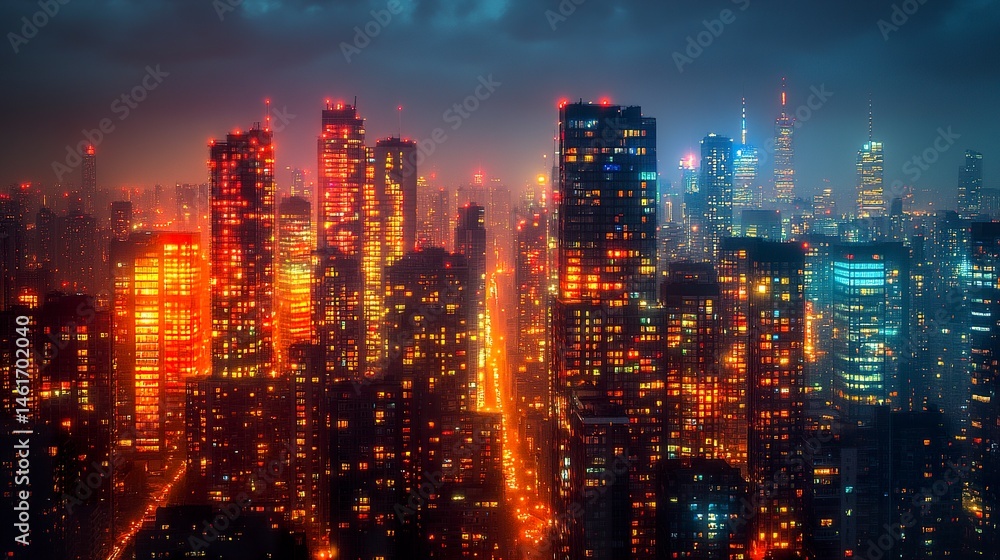 Fototapeta premium Urban high-rises glowing with lights in the dark, modern glass towers with multicolored windows, abstract night city vibe, compressed telephoto shot 