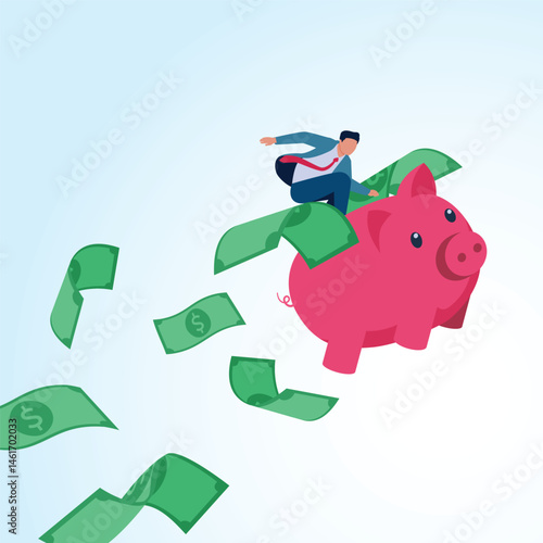 A man riding a flying piggy bank scattering money. A metaphorical illustration of financial freedom, wealth and sufficient economy.