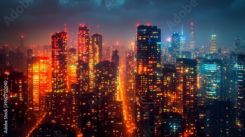 Wallpaper Mural Urban high-rises glowing with lights in the dark, modern glass towers with multicolored windows, abstract night city vibe, compressed telephoto shot  Torontodigital.ca