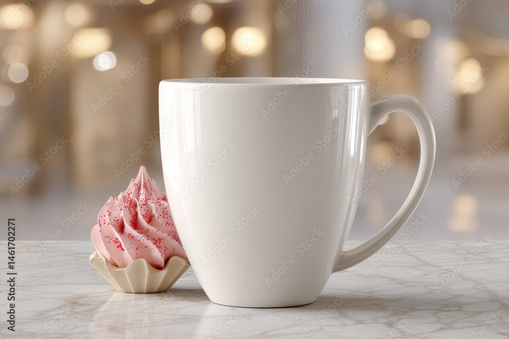 Fototapeta premium A charming composition featuring a white mug and a delicate pink cupcake, evoking a sense of warmth and indulgence with soft bokeh lights in the background.