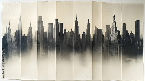 A panoramic, hazy black and white cityscape collage, segmented into vertical panels, depicting numerous skyscrapers in varying heights and styles
