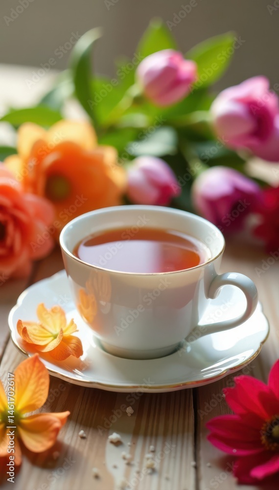A pristine white teacup filled with steaming tea rests on a light wood surface adorned with vibrant spring flowers , springtime, cup A pristine white teacup filled with steaming tea rests on a light wood surface adorned with vibrant spring flowers , springtime, cup