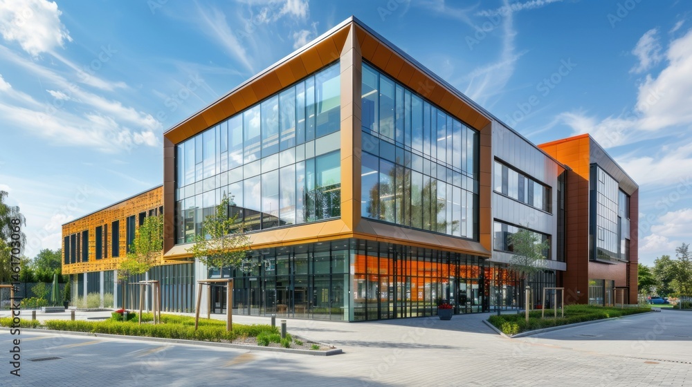 Fototapeta premium Modern commercial building with glass facade stock photo --ar 16:9 --raw --v 6 Job ID: c48e87b8-c0ec-47af-b723-2314a1568536