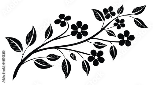 Elegant Floral Branch Silhouette with Leaves and Petals on White Background