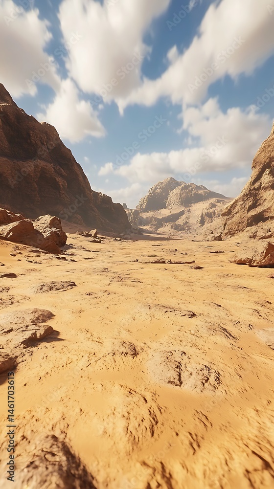 Naklejka premium Expansive desert scene with mountains and cloudy sky