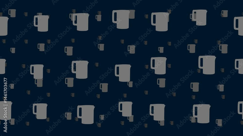 Electric kettle symbols float horizontally from left to right. Parallax fly effect. Floating symbols are located randomly. Seamless looped 4k animation on dark blue background Electric kettle symbols float horizontally from left to right. Parallax fly effect. Floating symbols are located randomly. Seamless looped 4k animation on dark blue background