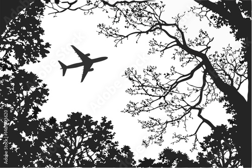 52 Black and white photography, airplane silhouette, tree canopy, leaf silhouettes, nature framing, high contrast, looking up perspective, commercial airliner, forest view, intricate branches, dramati