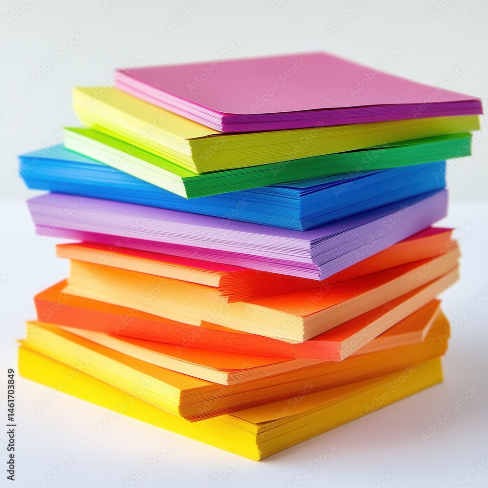 Stack of colorful paper sheets close up studio shot on white background variety of vibrant colors for art or office supply Stack of colorful paper sheets close up studio shot on white background variety of vibrant colors for art or office supply