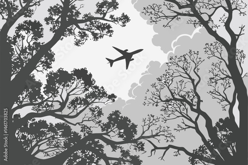 52 Black and white photography, airplane silhouette, tree canopy, leaf silhouettes, nature framing, high contrast, looking up perspective, commercial airliner, forest view, intricate branches, dramati