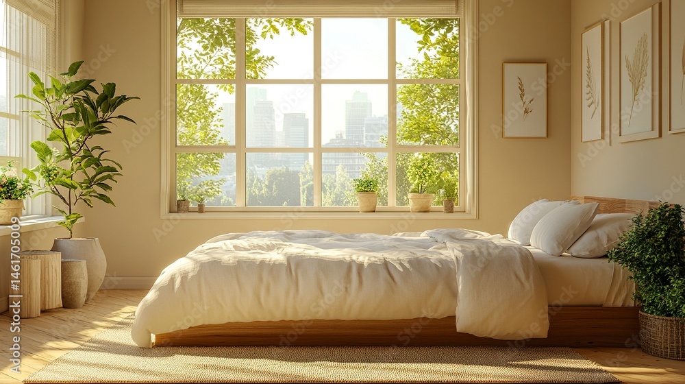 Wooden bedroom with bed and linens, beige walls and window with a city view.
