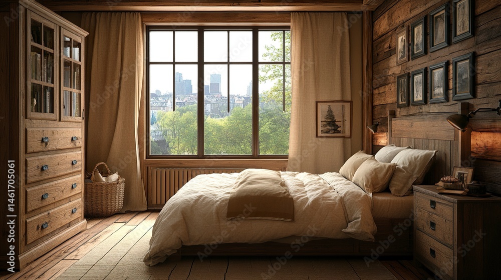 Wooden bedroom with bed and linens, beige walls and window with a city view.