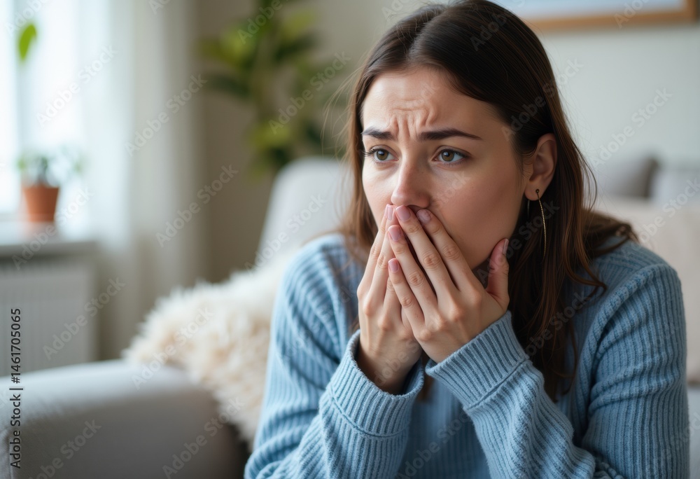 Woman with dark hair wearing a blue sweater shows a worried expression in a cozy living room Woman with dark hair wearing a blue sweater shows a worried expression in a cozy living room