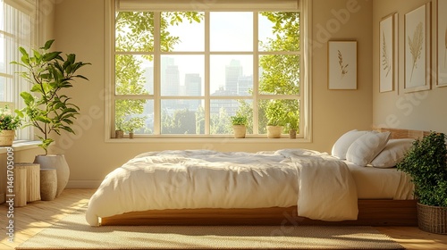 Obraz na płótnie Wooden bedroom with bed and linens, beige walls and window with a city view. w salonie