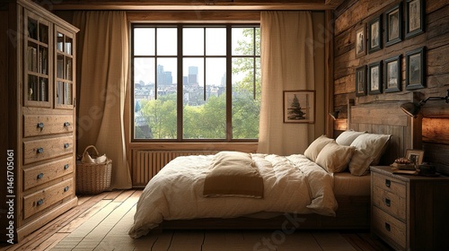 Obraz na płótnie Wooden bedroom with bed and linens, beige walls and window with a city view. w salonie