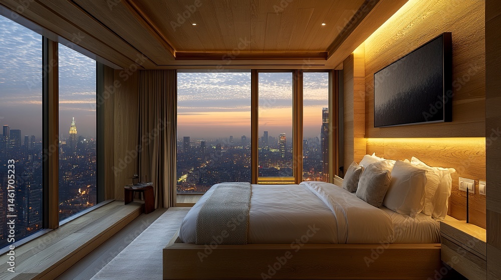 Wooden bedroom with bed and linens, beige walls and window with a city view.