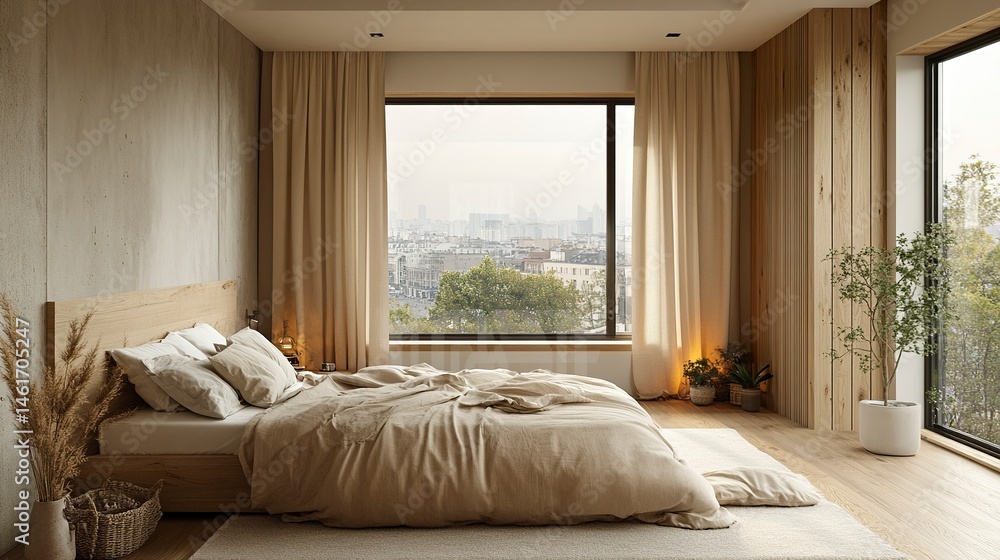 Wooden bedroom with bed and linens, beige walls and window with a city view.