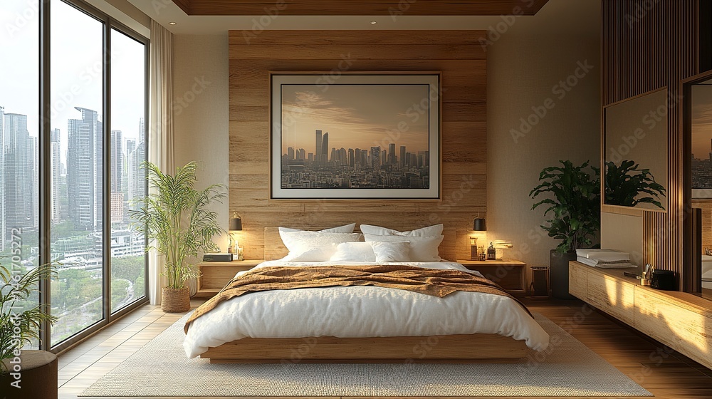 Wooden bedroom with bed and linens, beige walls and window with a city view.