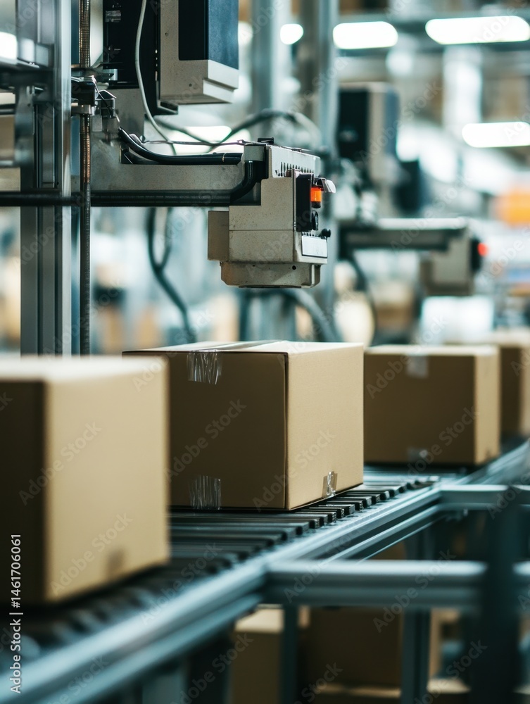 Boxes moving on conveyor belt in modern factory for shipping distribution logistics close up eye level view Boxes moving on conveyor belt in modern factory for shipping distribution logistics close up eye level view