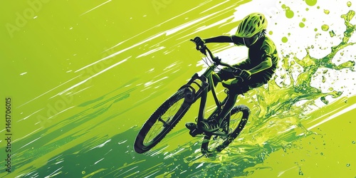Bold graphic showing speed and balance: stylized green backdrop with dynamic cyclist boy in layered vector design, drink splashing upward.