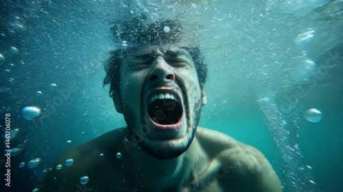 Drowning Man: A man struggles underwater, his mouth open in a silent scream, his eyes wide with terror. Bubbles rise around him, highlighting the desperation of his plight.