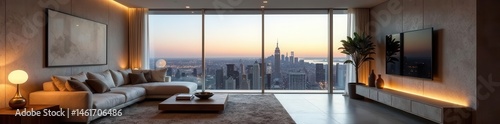 Sleek penthouse living room, panoramic city view, minimalist decor, skyline, design, zoom background