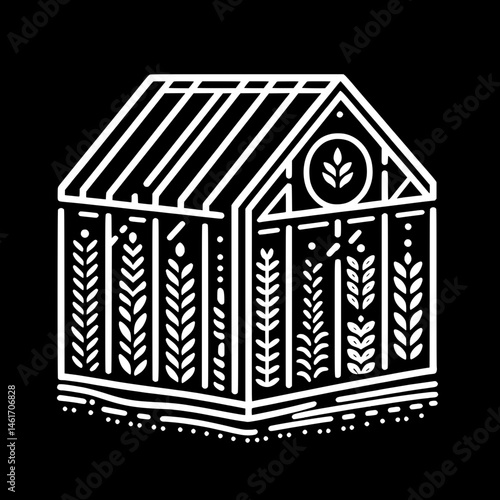 Black and White SVG of a Greenhouse