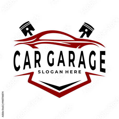 Car garage logo design vector. Sport car line art with shield and piston logo design vector template