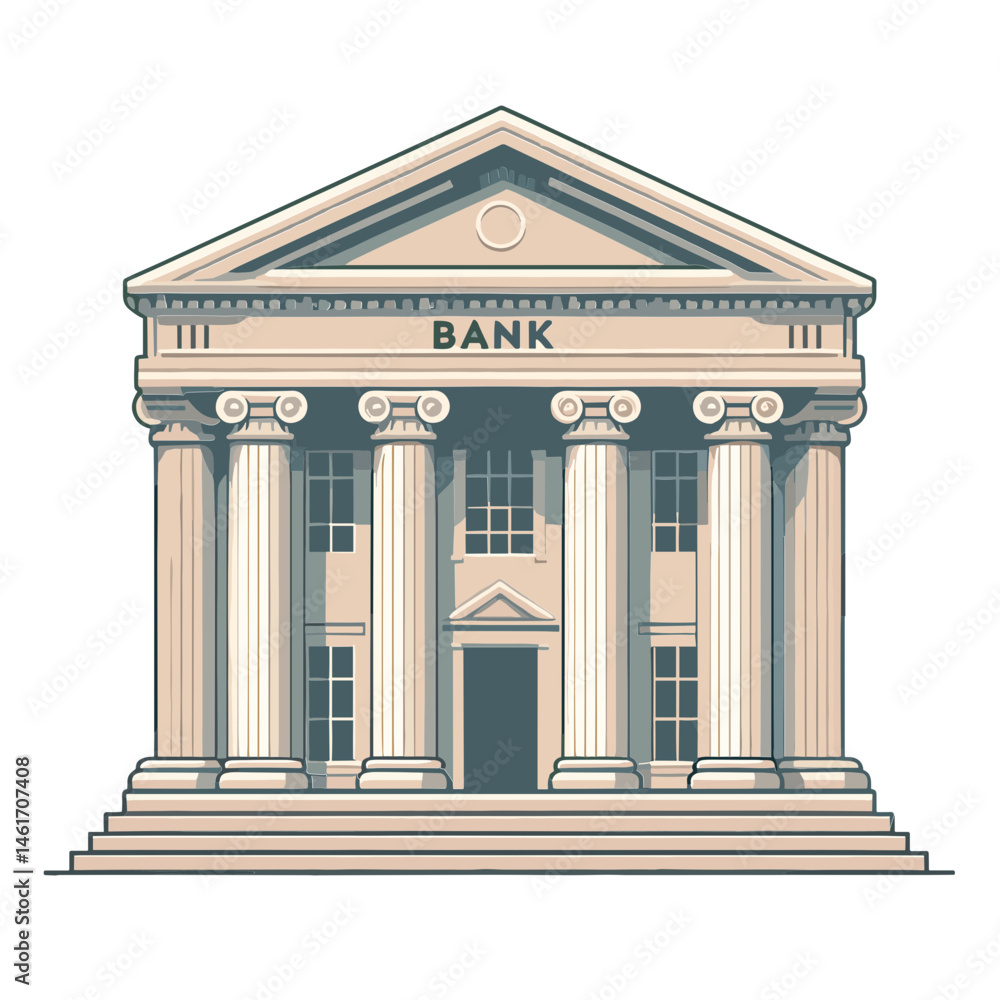 Fototapeta premium Classic bank building illustration with columns and detailed facade in vector style