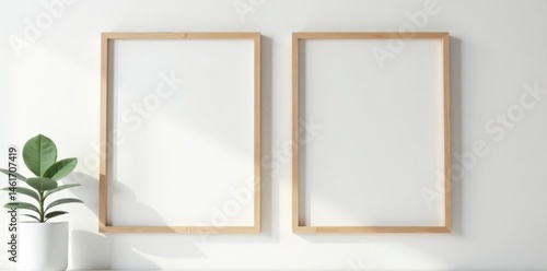 Two minimalist wooden frames on a white wall Ideal for art presentation , background, set