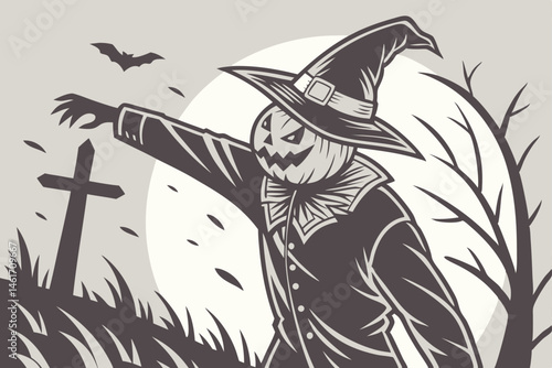 55 Halloween scarecrow, jack-o'-lantern face, witch hat, ragged clothes, eerie, spooky, black and white sketch, cross-hatching, detailed illustration, haunting expression, outstretched arms, creepy at