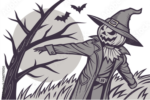 55 Halloween scarecrow, jack-o'-lantern face, witch hat, ragged clothes, eerie, spooky, black and white sketch, cross-hatching, detailed illustration, haunting expression, outstretched arms, creepy at
