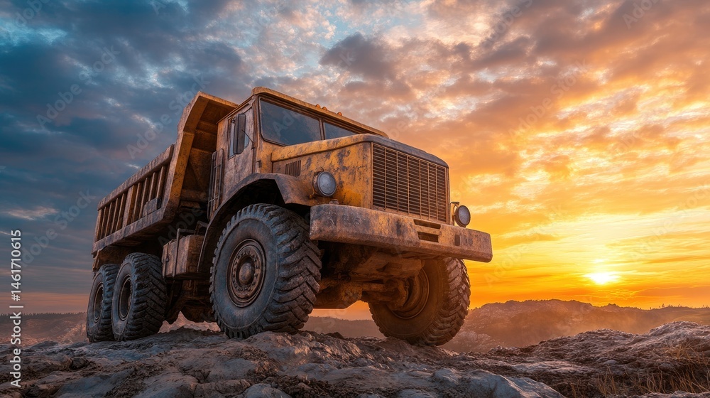 Rusty dump truck on a rocky outcrop at sunset. Rusty dump truck on a rocky outcrop at sunset.