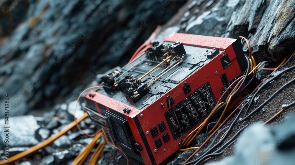 Fototapeta premium Futuristic Red Device Crashed on Rocky Terrain, Close-up