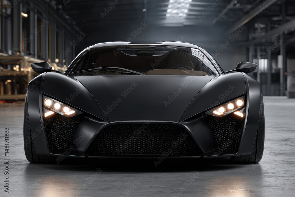 Naklejka premium A sleek, matte black sports car sits in a modern garage, its headlights illuminating the scene, showcasing its powerful and aerodynamic design with precision detailing.