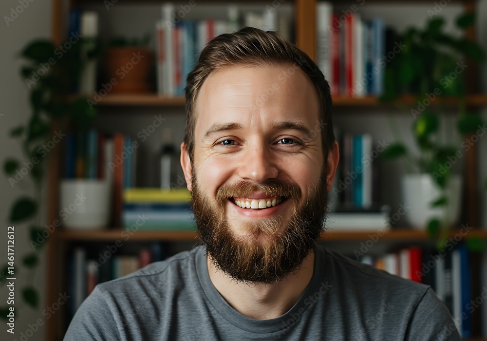 Obraz premium A smiling man with a beard in front of a bookshelf with books and plants in the background
