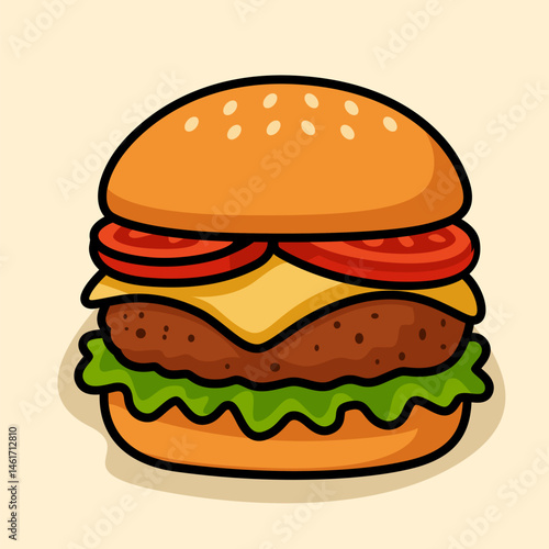 Vector Illustration Cartoon Cheeseburger with Lettuce, Tomato, and Cheese