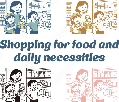 食料品や日用品の買い物をする家族