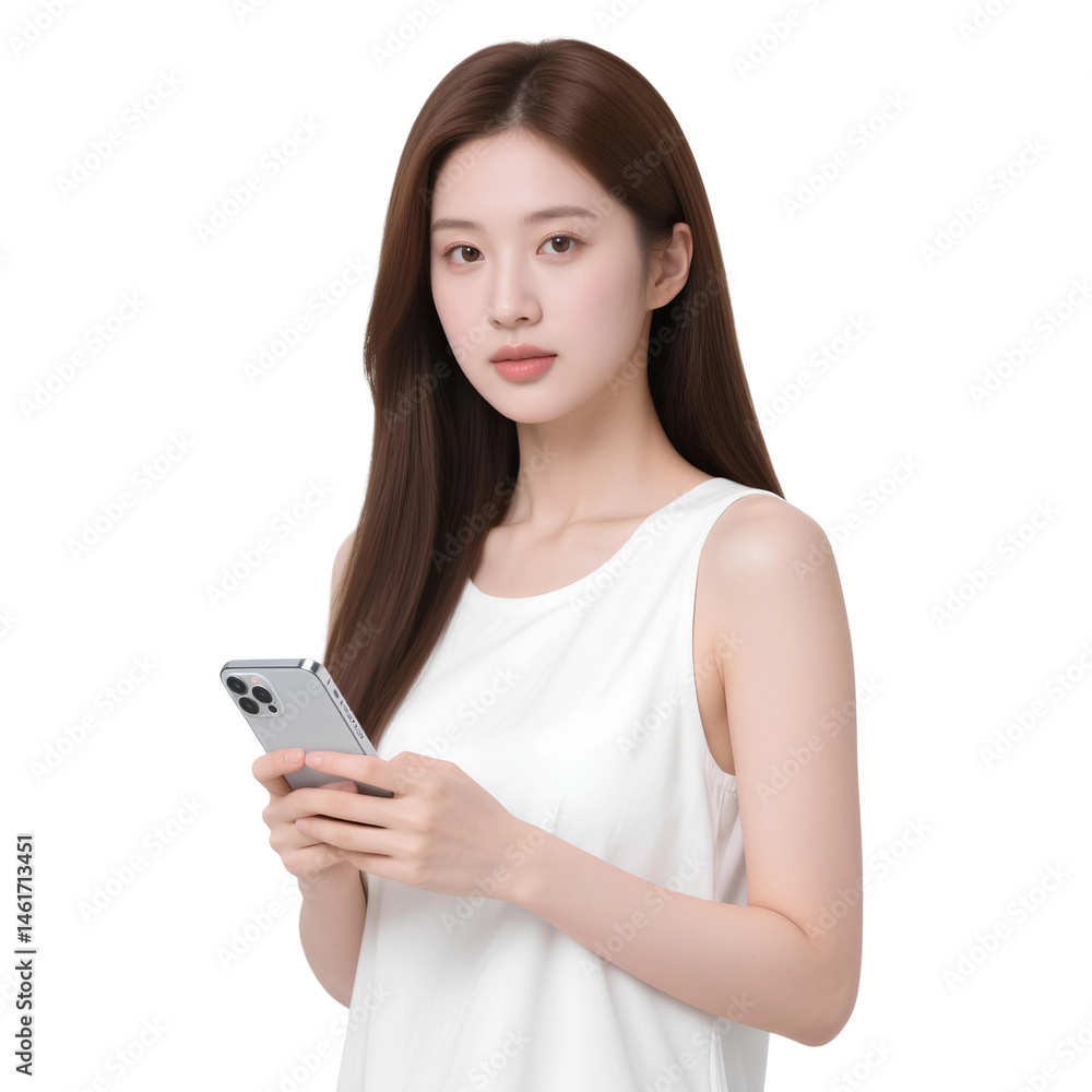 young Business Woman Holding Smartphone , happy woman using smartphone in white dress for mobile app promotion Isolated on Transparent Background, No Background young Business Woman Holding Smartphone , happy woman using smartphone in white dress for mobile app promotion Isolated on Transparent Background, No Background