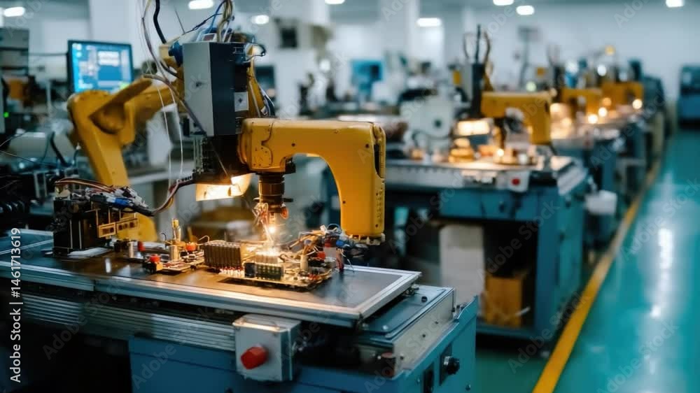 Advanced robotic automation in manufacturing facility with high-tech machinery and production line Advanced robotic automation in manufacturing facility with high-tech machinery and production line