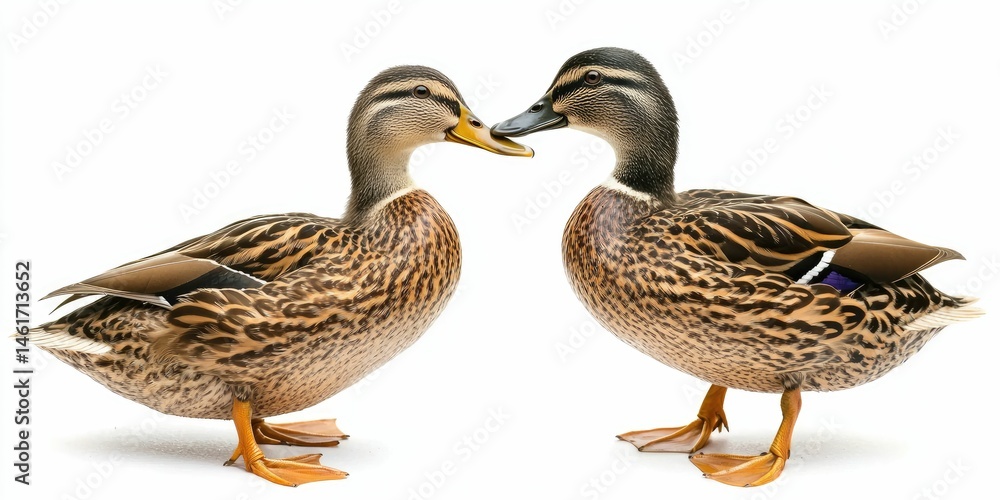 Obraz premium Ducks interacting gently, real old duck breeds, isolated on white.