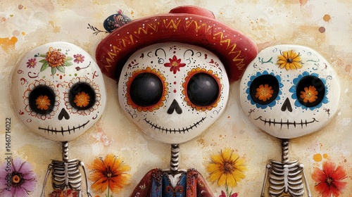 Family joyfully remembering their ancestors, creating a vibrant altar filled with sugar skulls and colorful flowers. Día de Muertos card with bright sugar skull patterns.