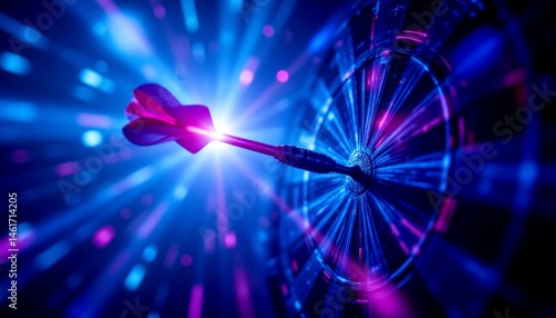 a close up view of an arrow shot through a haze of laser beams and light effects, set against a backdrop that appears to be a neon lit room with blue lighting, suggesting a futuristic or high tech atm