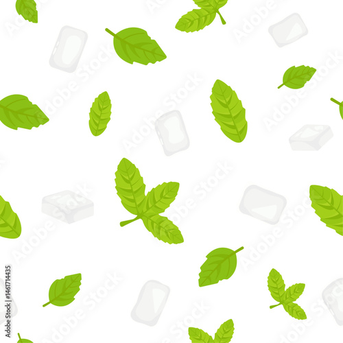 Seamless vector pattern with mint leaves and ice cubes on white background. Clean, fresh, and cool design perfect for summer, drinks, kitchen textiles, and natural-themed products.