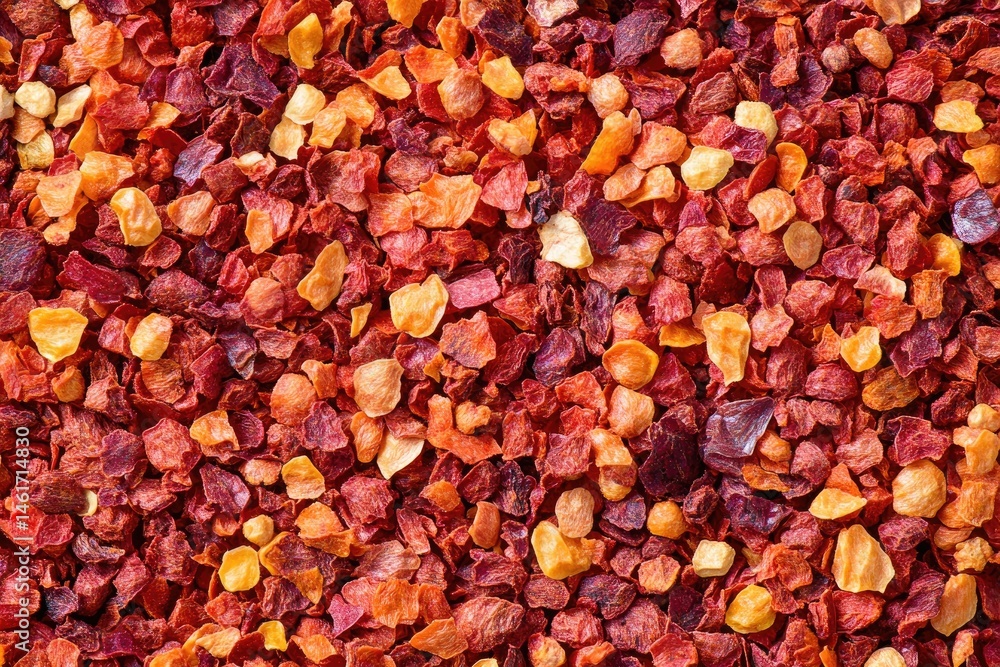 Close-up view of colorful dried spice pieces, ranging in shades of red, orange, and yellow. Small, irregular shapes tightly packed Close-up view of colorful dried spice pieces, ranging in shades of red, orange, and yellow. Small, irregular shapes tightly packed