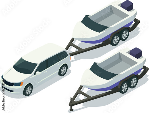 Isometric car towing boat on trailer