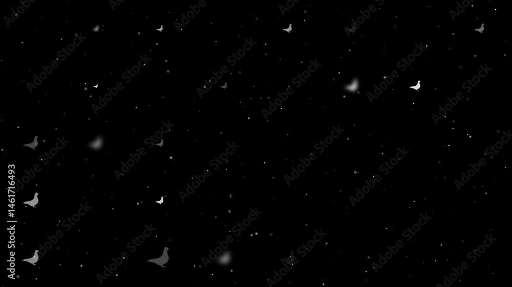 Template animation of evenly spaced bird pigeon symbols of different sizes and opacity. Animation of transparency and size. Seamless looped 4k animation on black background with stars Template animation of evenly spaced bird pigeon symbols of different sizes and opacity. Animation of transparency and size. Seamless looped 4k animation on black background with stars