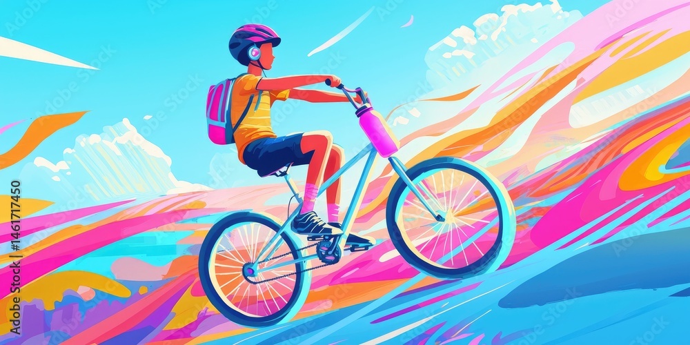 Fototapeta premium Editorial illustration of a sports culture icon: boy on bike with pastel juice bottle and wireless headphones, skimming across neon fields.
