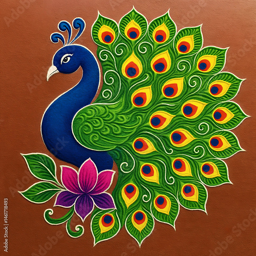 Indian culture traditional multi - colored grain Diwali Rangoli artwork Peacock Feather design