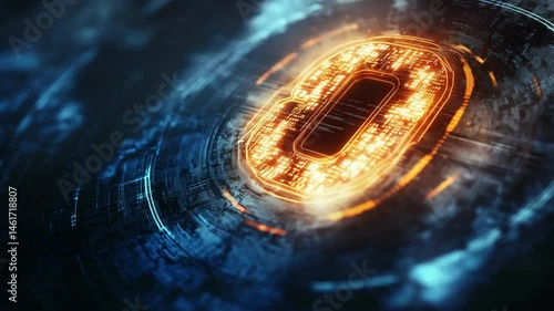 Abstract glowing zero digit on a dark blue technological background animation