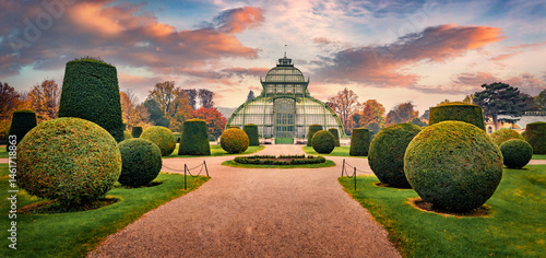Nice summer view of Greenhouse Schonbrunn. Wonderful morning scene of Schonbrunn garden with decorated plant. Amazing cityscape pf Vienna, capital of Austria, Europe. Traveling concept background.